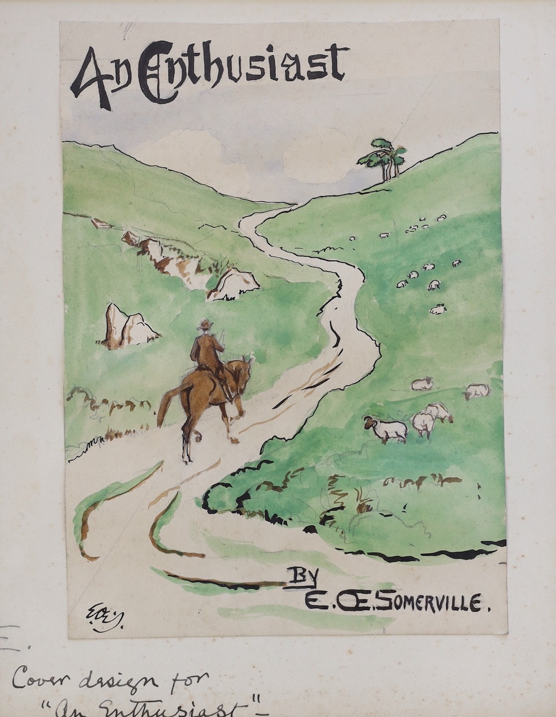 Edith Oenone Somerville (1858-1949), two ink and watercolor designs for book jackets, The Smile and The Tear & An Enthusiast, signed and inscribed, 24 x 17cm and 21 x 19cm